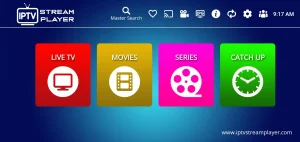Interface de l’application IPTV Stream Player avec accès aux chaînes TV, films et séries en streaming IPTV