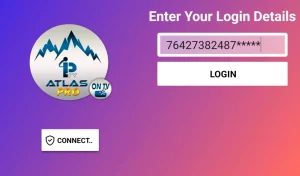 Interface de connexion Atlas Pro ontv application avec champs pour le code d'activation